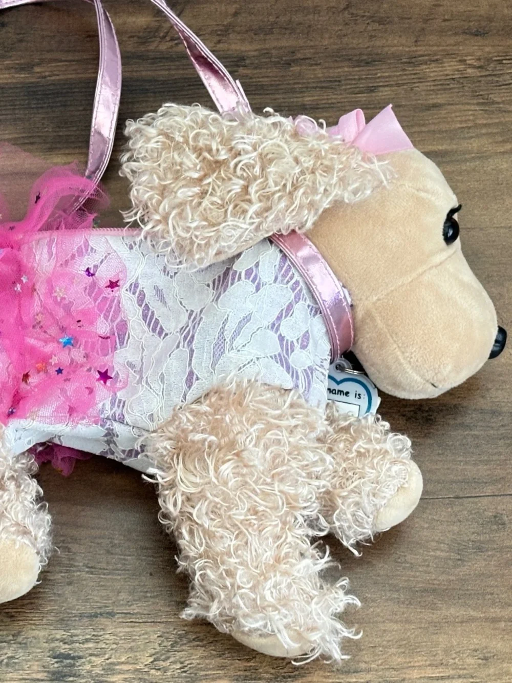 Poochie & Co Girls Puppy Purse Bag Tan Dog Plush Pink Bow Tutu Glitter Lace Toy